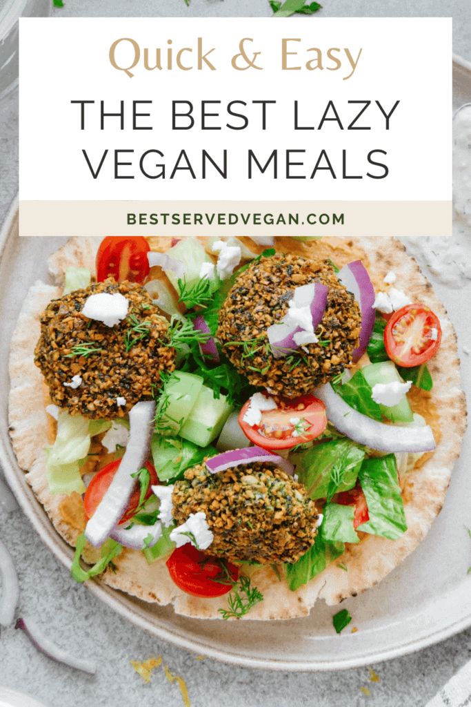 Lazy vegan meals Pinterest graphic with imagery and text.