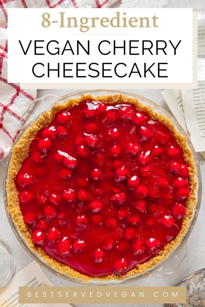 Vegan cherry cheesecake Pinterest graphic with imagery and text.