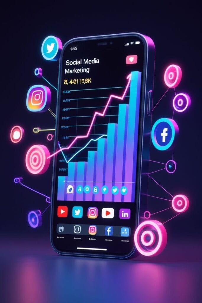 Pricing –A dark, neon-styled 3D illustration of a smartphone showing a rising growth graph, surrounded by glowing social media icons like Facebook, Instagram, and Twitter.