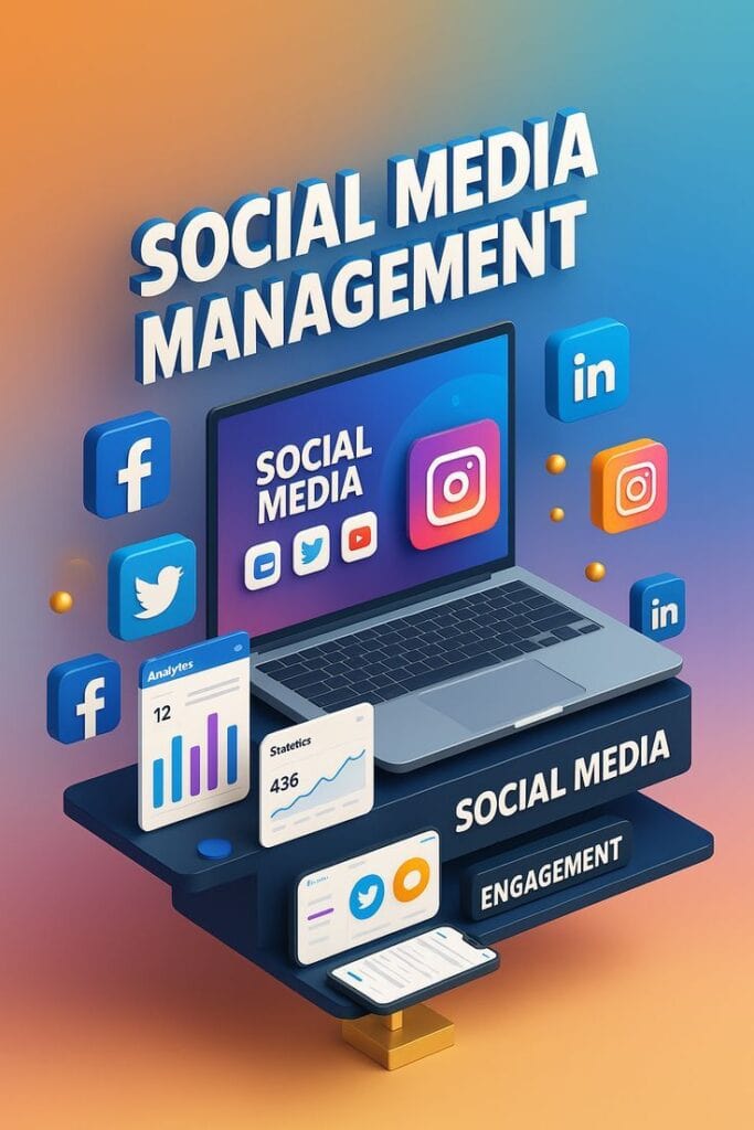 Pricing – An isometric 3D illustration of a laptop on a blue platform titled "Social Media Management," surrounded by floating social app icons and analytics cards.