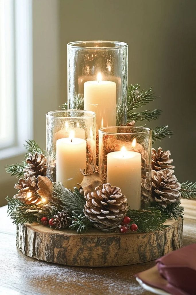 Christmas table centerpieces with candles in vases, pine cones and cranberries on a wooden tray.