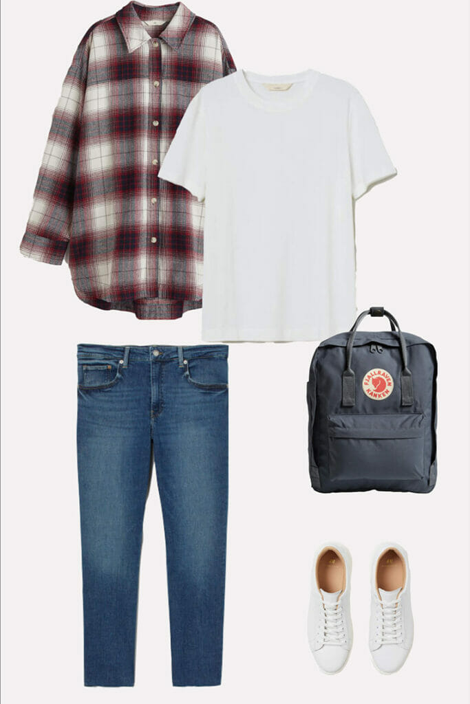 a red and white check shakes, jeans, white trainers and a grey rucksack