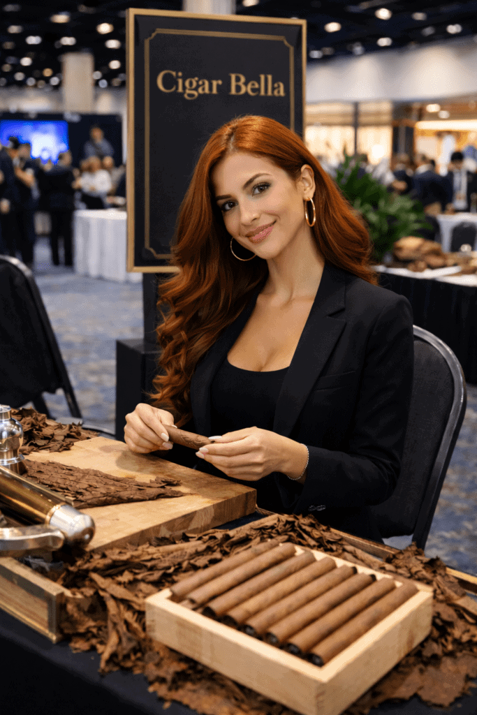 Female cigar roller creating a live cigar rolling experience for a trade show booth