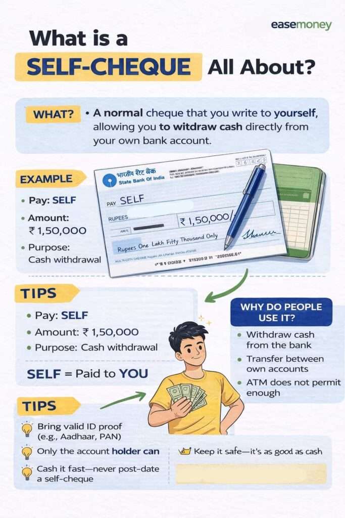 Self Cheque: Meaning, Withdrawal limit, How to Write, Image 2026
