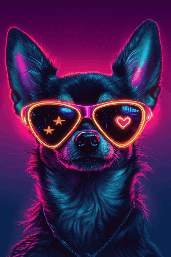 Loup avec lunettes de soleil néon, art numérique vibrant, style sci-fi et futuriste.