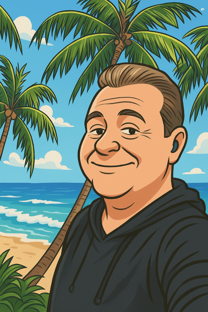 Cartoon image of RL Bear with Palm trees and beach in the background