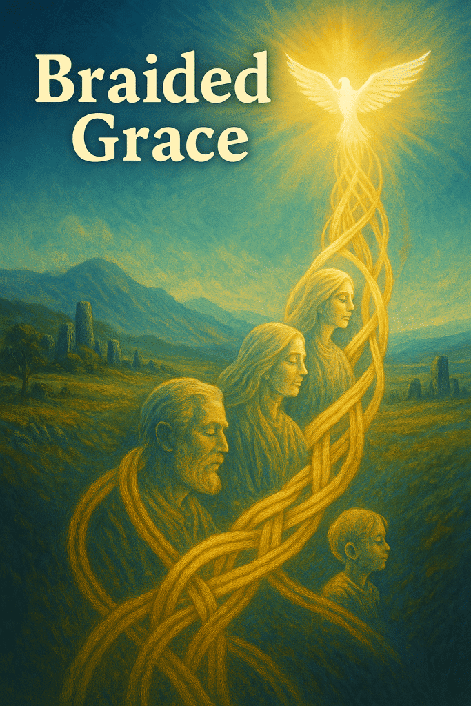 “Four generations braided by golden light, led by the Holy Spirit above an ancient Celtic landscape.”