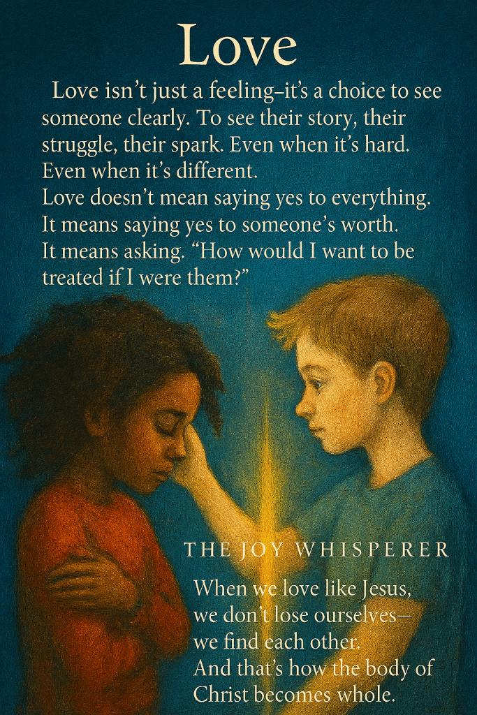 A young boy gently cradles the cheek of a girl with closed eyes, as a golden beam of light connects them—symbolizing love as healing presence and emotional clarity for young Guardians.