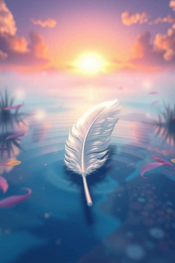 A delicate white feather floats on calm water under a soft sunrise, symbolizing peace, emotional strength, and the quiet bravery of staying gentle in a sharp world..