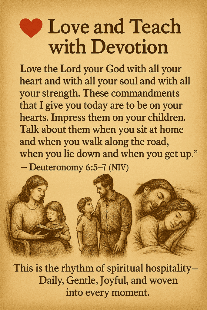 Three pencil-style illustrations of family moments accompany a heartwarming message from Deuteronomy 6:5–7.