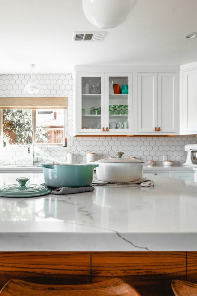 Smooth white quartz countertop surface highlighting modern kitchen durability and low maintenance