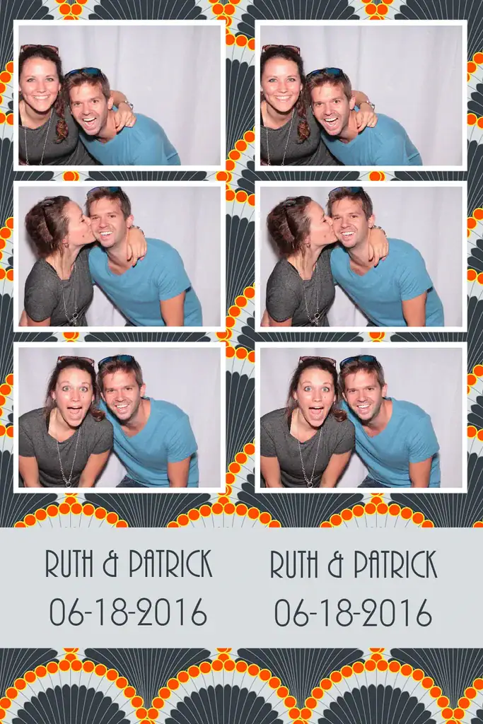 Photo booth strip of Ruth & Patrick’s 06-18-2016 event—playful couple poses with orange and black fan border in Grand Rapids, MI.