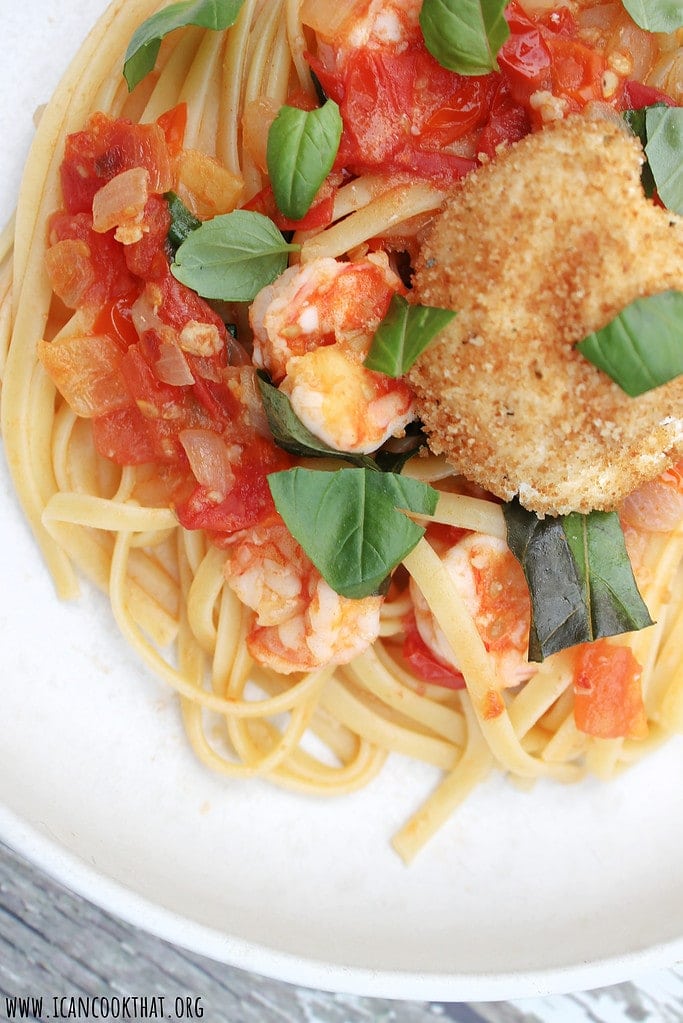 Shrimp Tomato Basil Linguine with Warm Goat Cheese Rounds