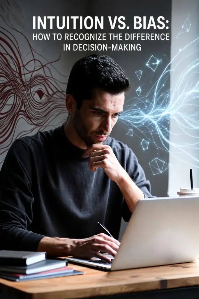 Man with short dark hair and open eyes; warm light and cool light split around his head, suggesting intuition versus bias.
