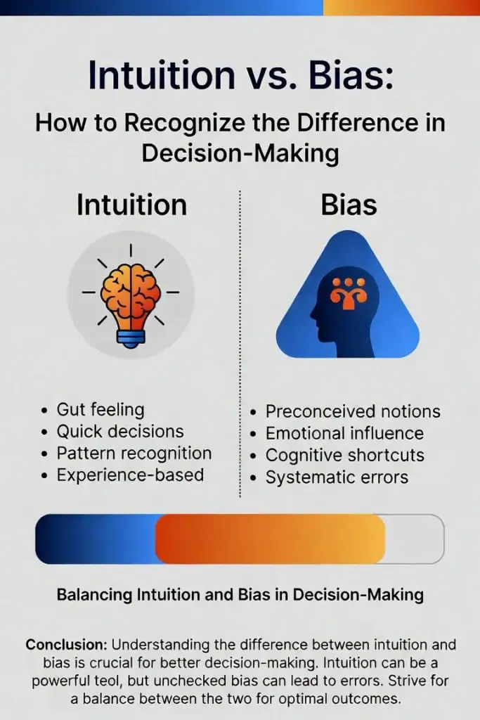 Infographic comparing intuition and bias in decision-making: intuition is quiet, stable pattern recognition that gets clearer when examined; bias is urgent distortion that weakens when questioned.
