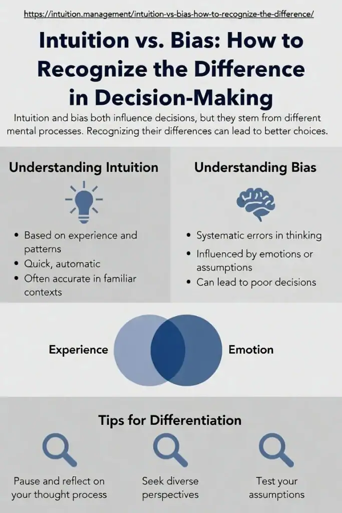 Decision-making infographic: how to tell intuition from bias by checking if the feeling gets clearer or weaker when you examine it.