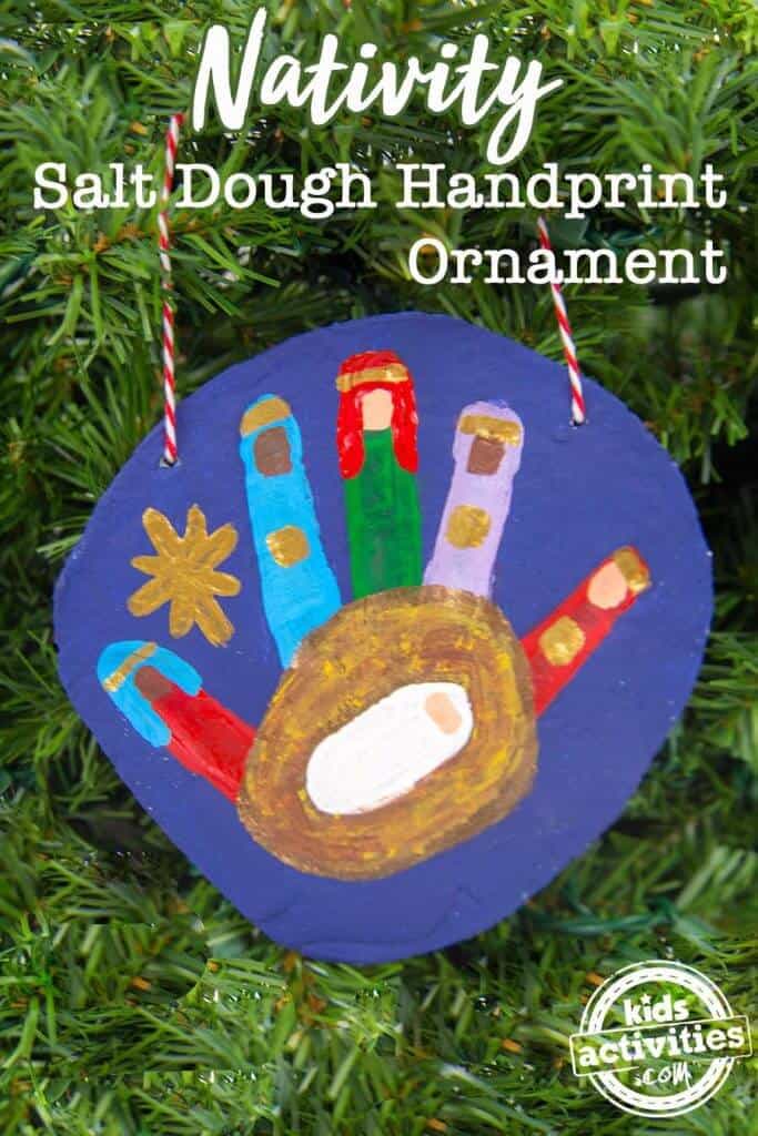 Nativity ornament for Christmas tree craft for kids featuring toddler handprint