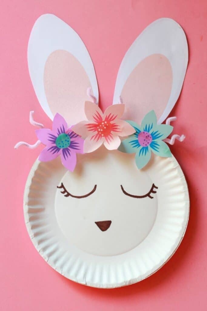 paper plate bunny with flower crown