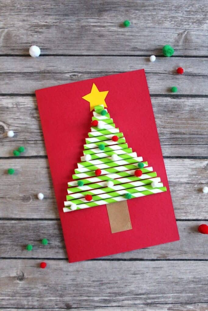 Christmas tree card made with green and white paper straws