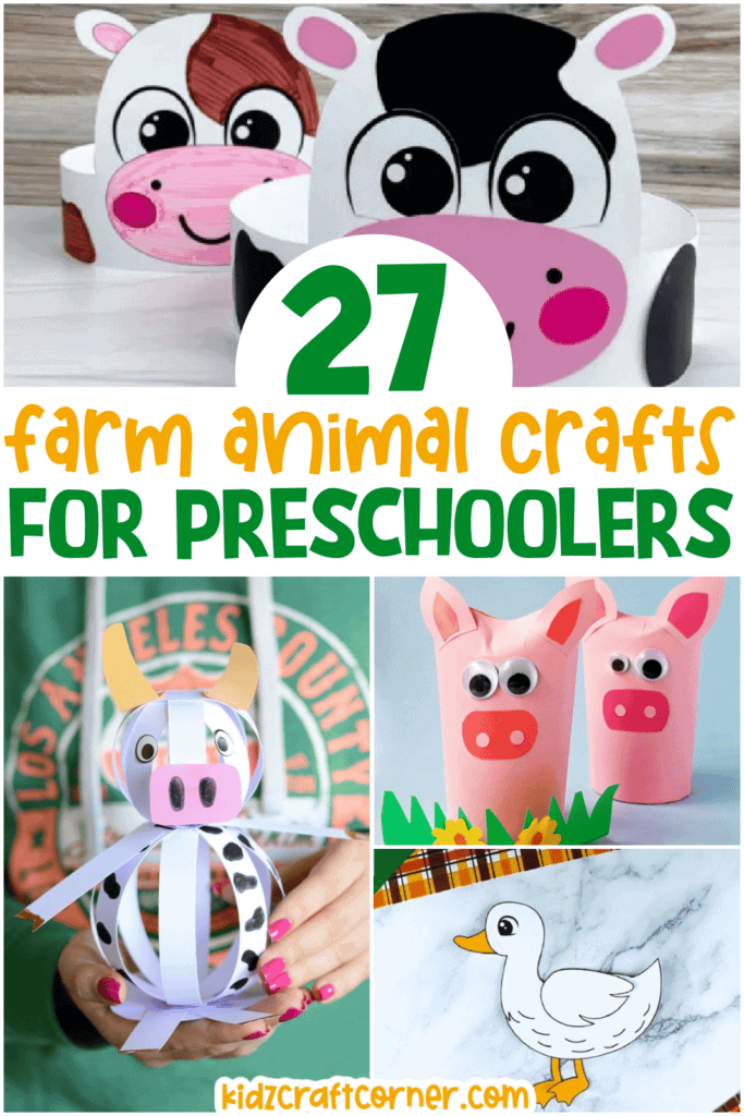 pin collage of farm animal crafts with text overlay