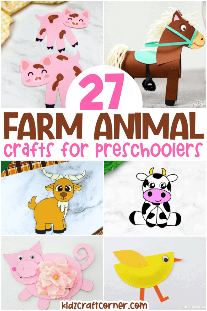 collage of 6 different farm animal crafts for kids