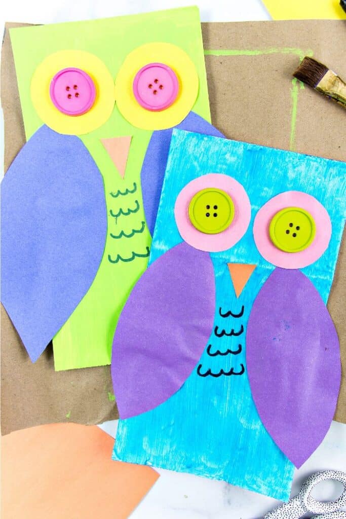 colorful owl paper bag puppets