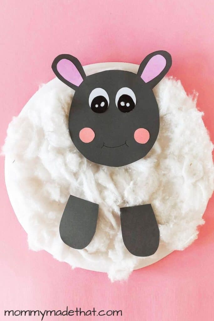 sheep paper plate craft on pink background