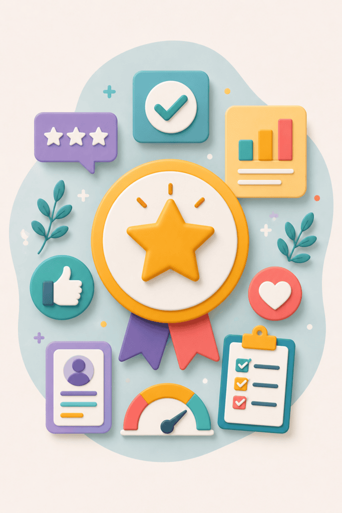 medalla con una estrella en el centro y varios elementos alrededor , gráficos, corazón, mano con dedo levantado, cheklist, ficha.