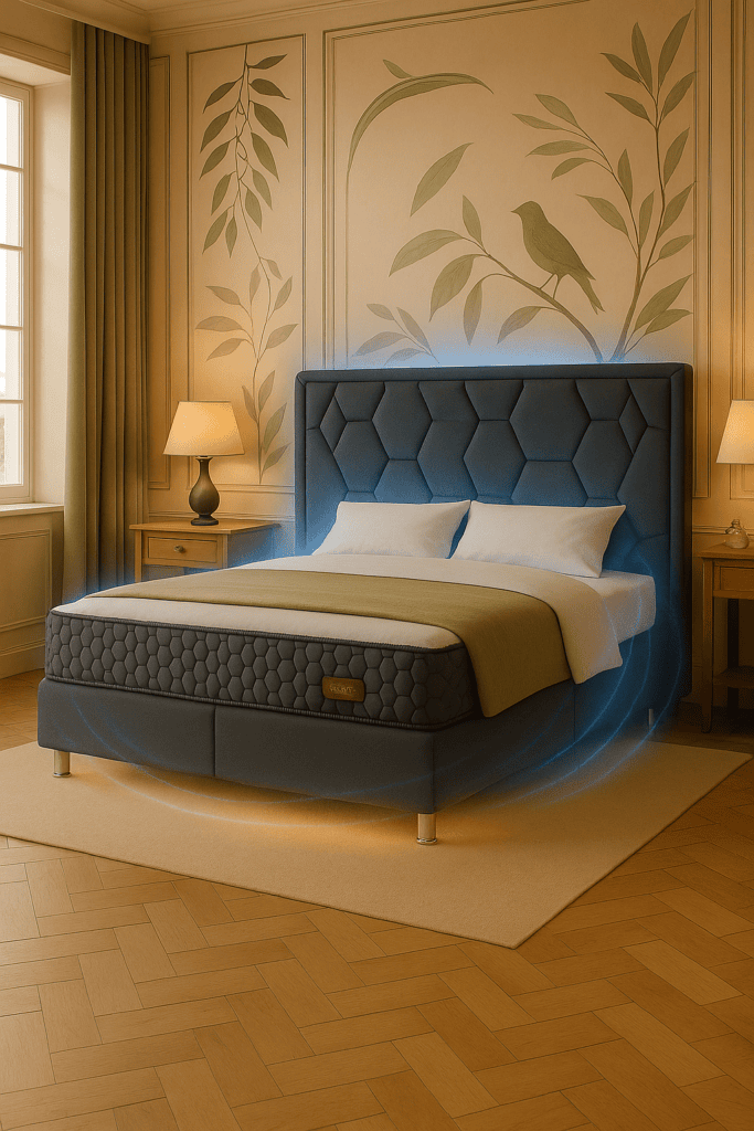 Boxspring postelja s kristaloterapijo in vidnim energijskim učinkom v elegantni spalnici z naravnim dekorjem