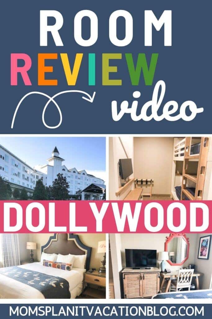 hotel room with text overlay Room Review Video Dollywood