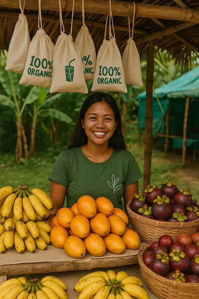 A Food Vendor organic bags Instead of Plastic - an example of an environmentally responsible vendor.