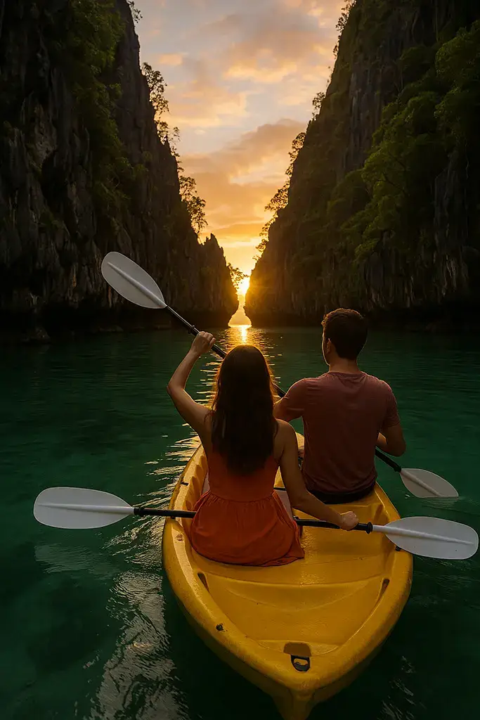 Romantic kayak ride in El Nido, Palawan – best island for couples in the Philippines.