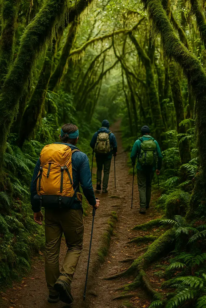 Hikers Walking Through the Mossy Forest - an example of eco-trekking in the Philippines at Mount Pulag.