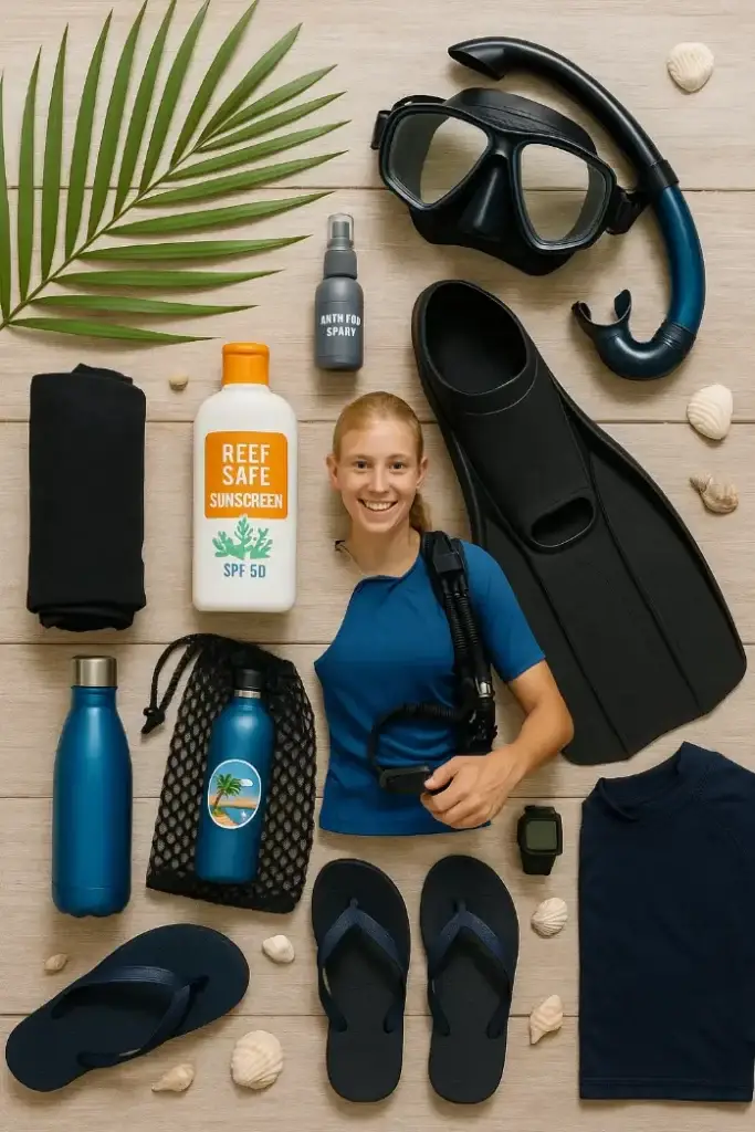 Eco-friendly diving gear and reef-safe sunscreen – essential dive packing for Bohol. An infographic highlighting the essential Bohol dive kit: reef-safe sunscreen front and center, eco-friendly gear, and all the good vibes—packed and ready to keep the corals happy.