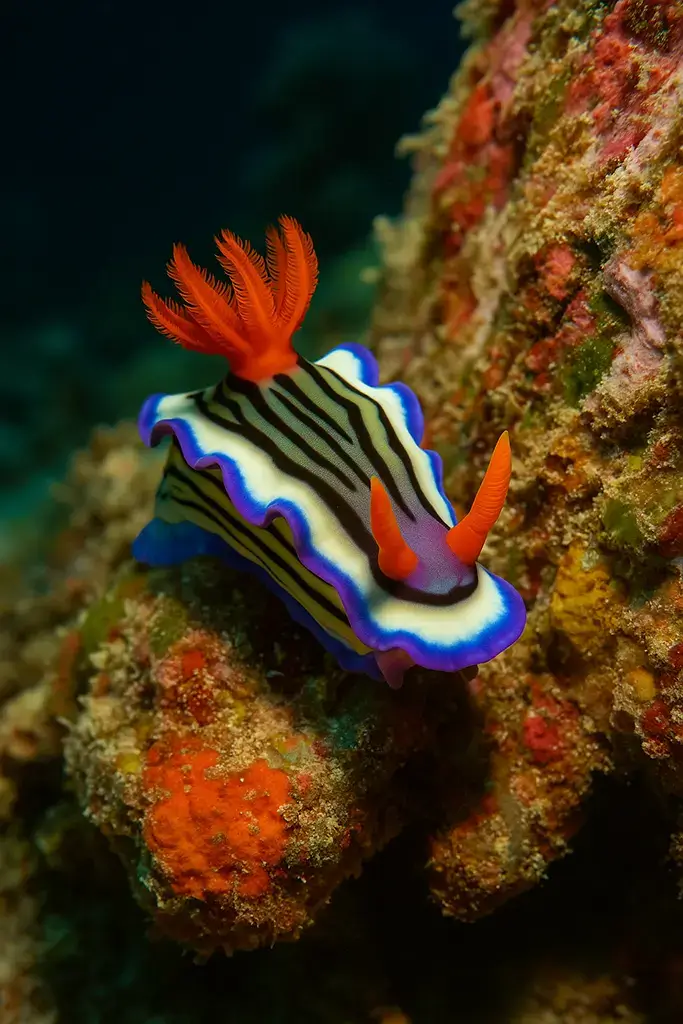 A vibrant nudibranch on coral wall at Cabilao Island – macro diving in Bohol. A macro diving moment at Cabilao Island—a vivid nudibranch in full color, showing off against a coral wall. Nature’s confetti, underwater edition.