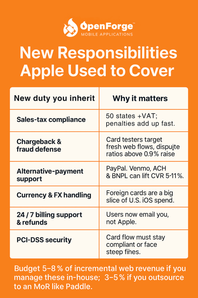 OpenForge infographic listing new responsibilities app developers inherit with Apple’s external payment links, including sales-tax compliance, fraud defense, payment support, and PCI-DSS security.