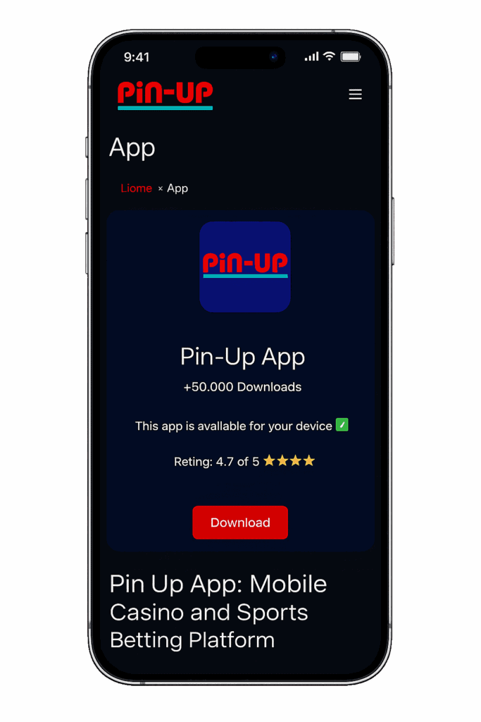 Application page on pin-up casino site