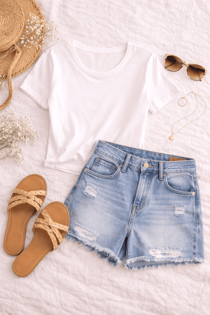 Flat lay of summer wardrobe essentials, white t-shirt, denim shorts, sandals, sunglasses