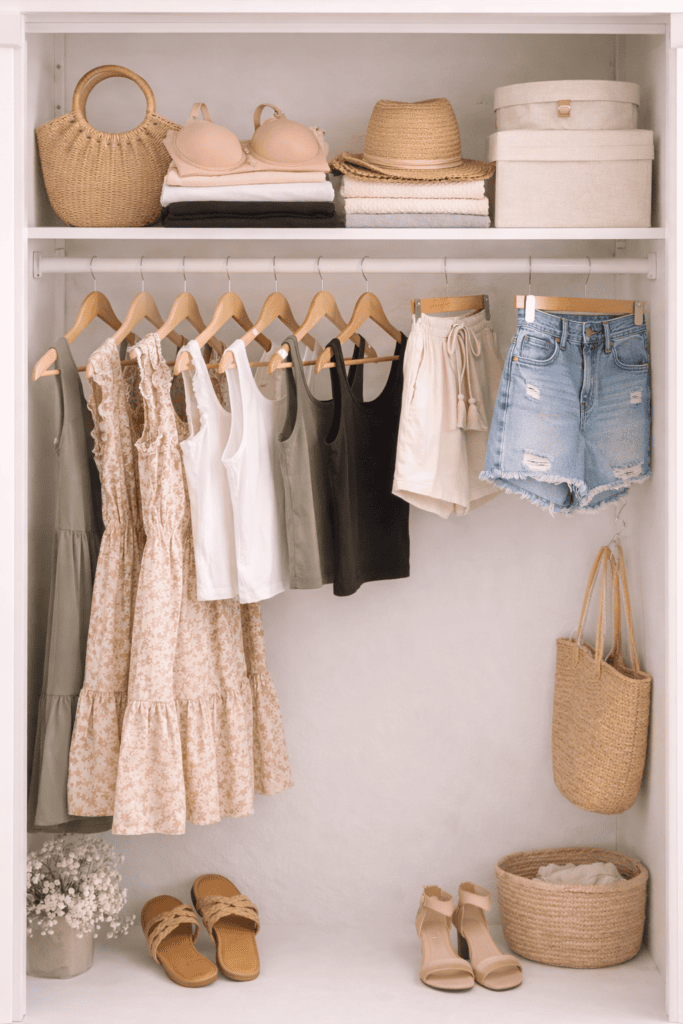 Open closet displaying neatly arranged summer clothing pieces