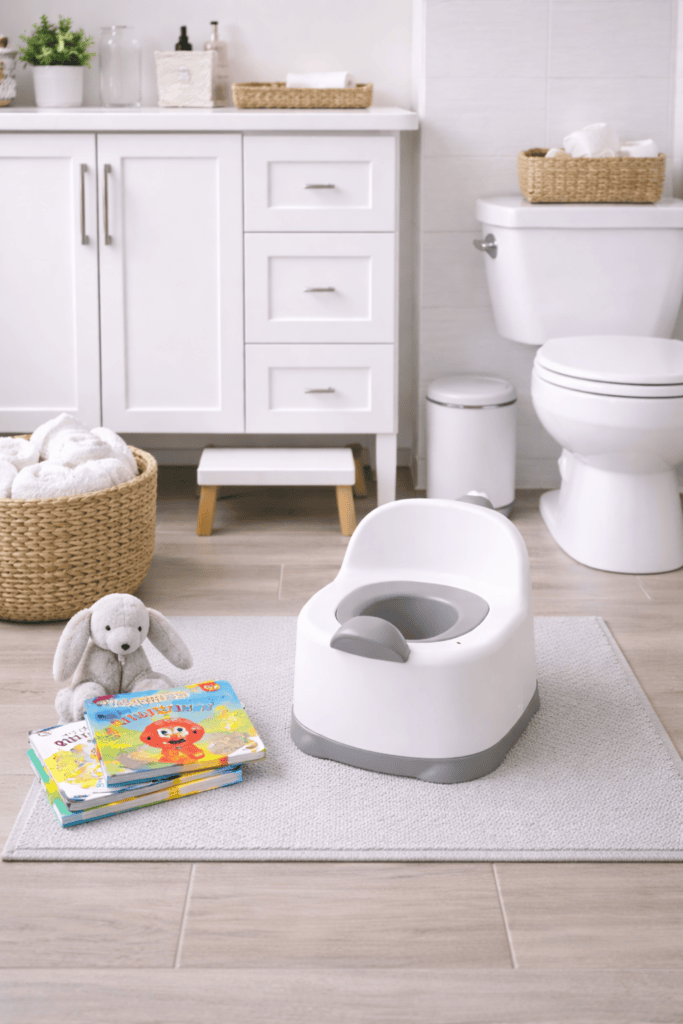 Minimal bathroom with small potty and children’s books nearby