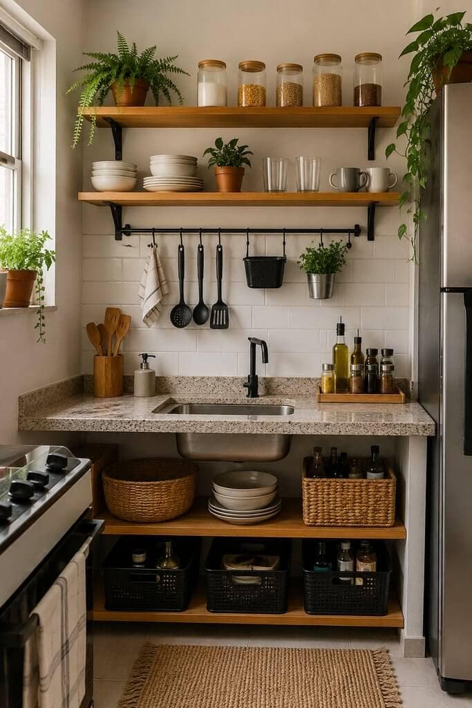 Cozinha pequena sem armários organizada com prateleiras abertas.