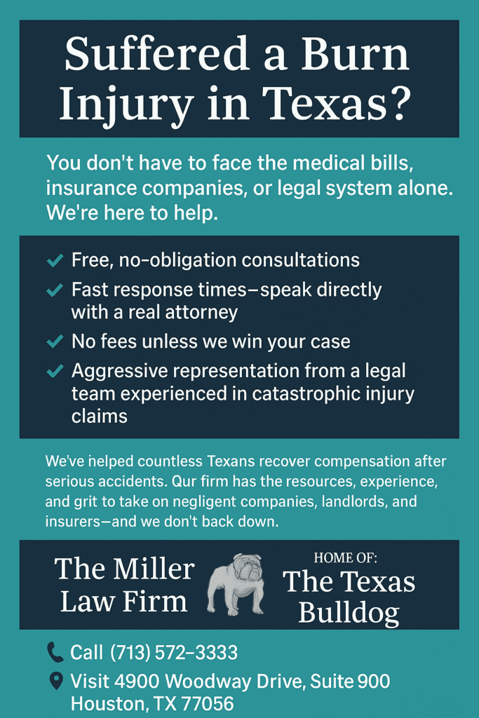 Burn injury lawyer graphic by The Miller Law Firm – The Texas Bulldog, offering free consultations, no fees unless you win, and aggressive legal support in Texas.