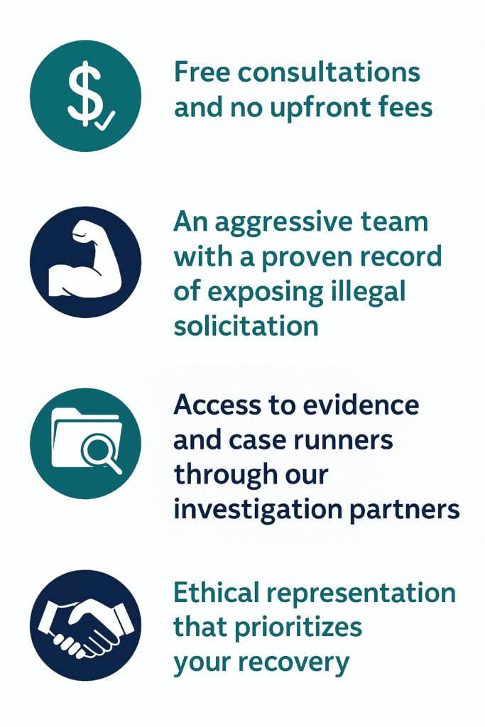 Infographic showing key reasons to hire The Texas Bulldog Law Firm for barratry cases in Houston