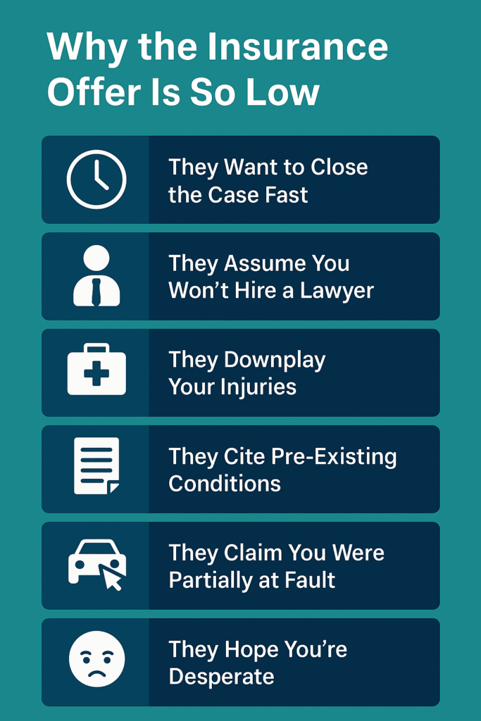 Infographic explaining why insurance companies offer low settlement amounts, including reasons like closing the case fast and downplaying injuries.