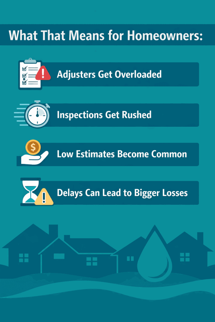 Freeze-related property damage claim issues showing overloaded adjusters, rushed inspections, low insurance estimates, and costly delays for Texas homeowners.