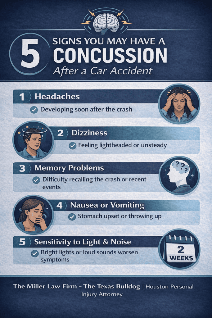 Infographic showing five common concussion symptoms after a car accident including headaches dizziness memory problems nausea and light sensitivity