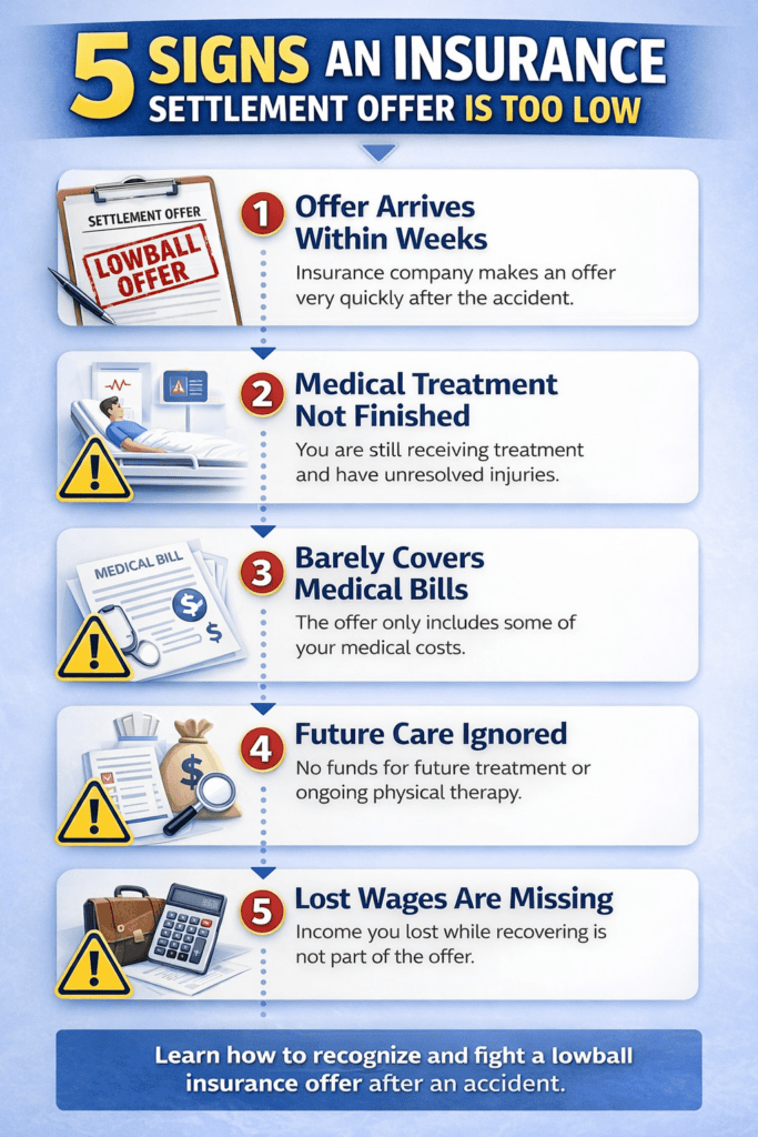 Infographic showing five warning signs a car accident insurance settlement offer is too low