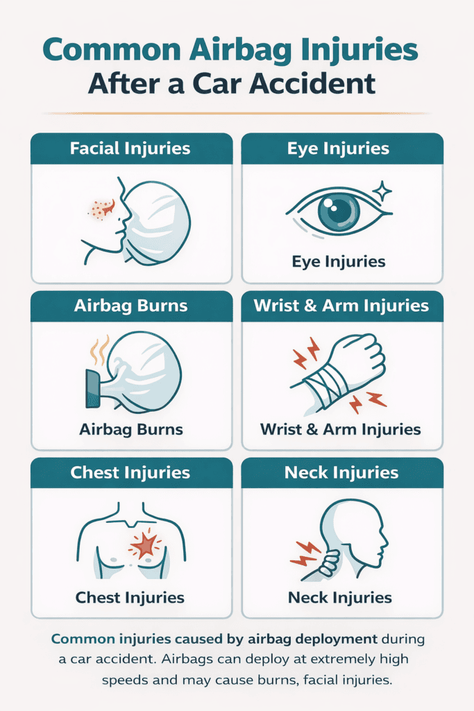 Chart showing common airbag injuries including burns facial injuries eye injuries and wrist injuries