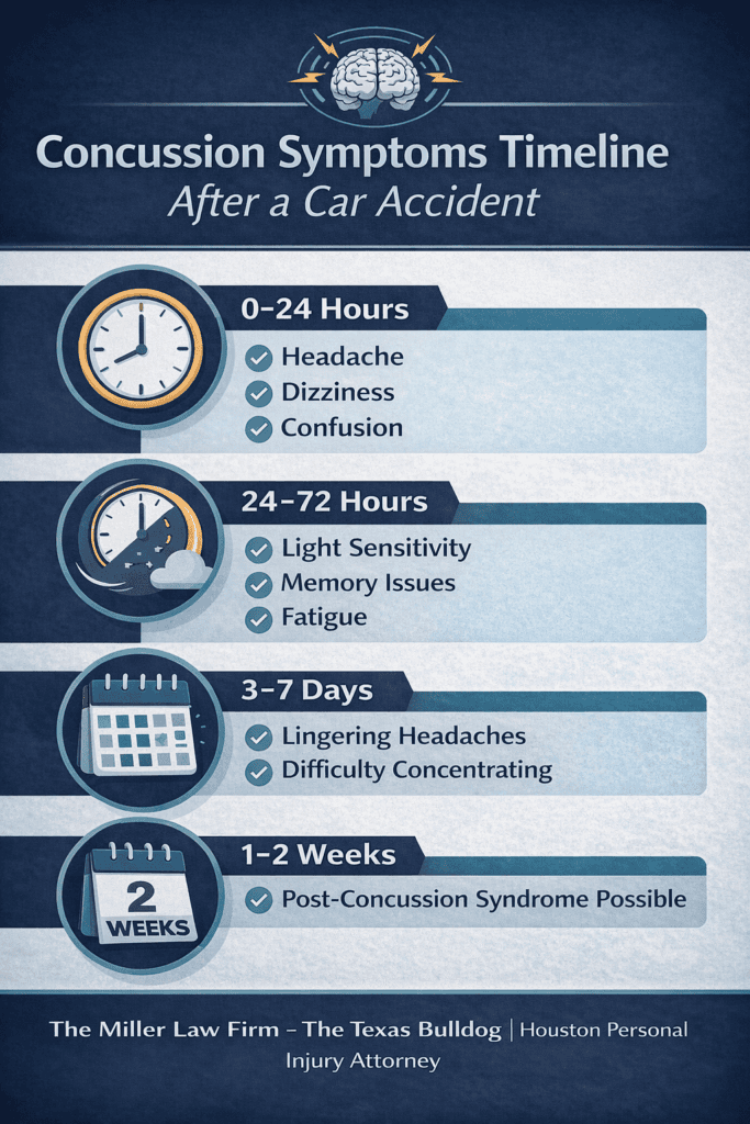 Infographic showing concussion symptoms timeline after a car accident from 0–24 hours to 1–2 weeks
