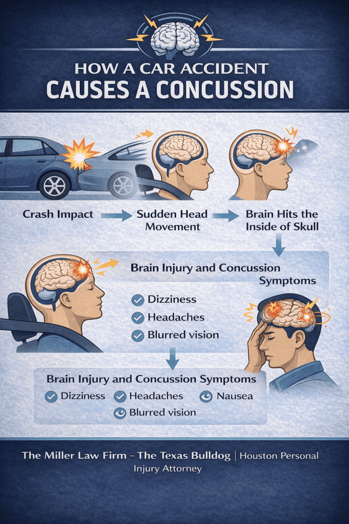 Infographic showing how a car accident causes a concussion when sudden head movement causes the brain to hit the inside of the skull